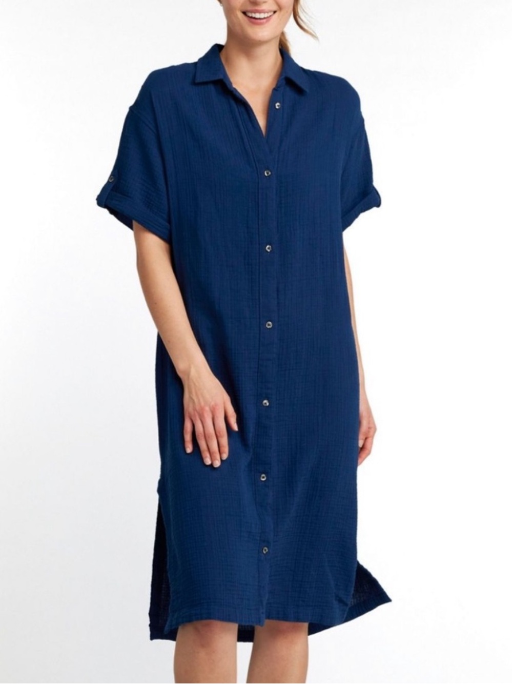 NWT LL Bean Cloud Gauze Midi Dress navy Blue small